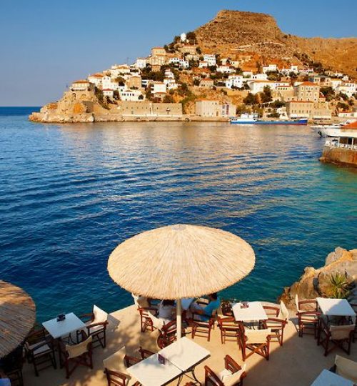 Cafe overlooking the port of Hydra, Greek Saronic Islands